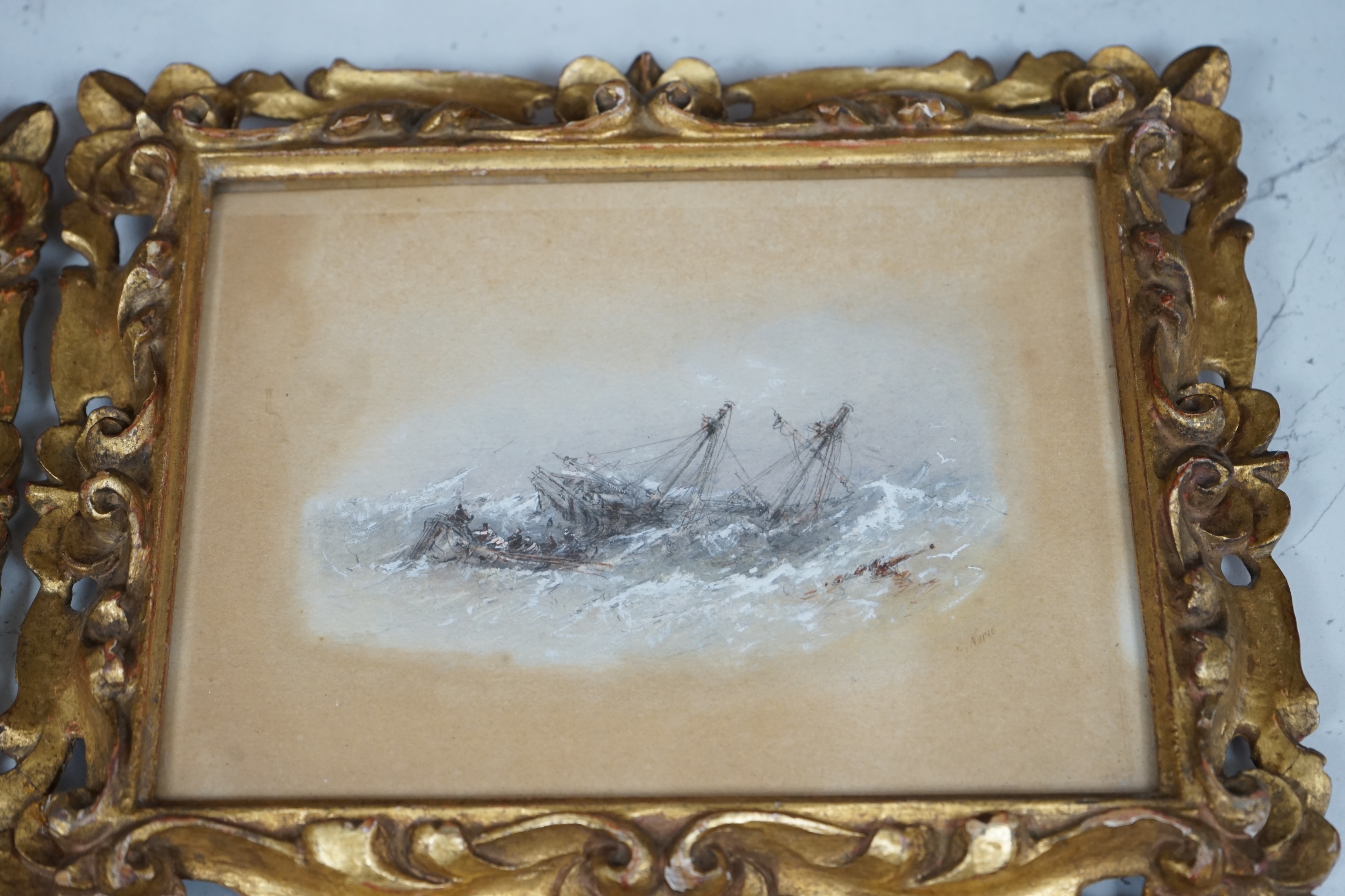 Frank V. Norie (19th century), set of four pastel and mixed medias, Maritime and coastal scenes, each signed, 15 x 19cm, ornate gilt framed. Condition - poor to fair